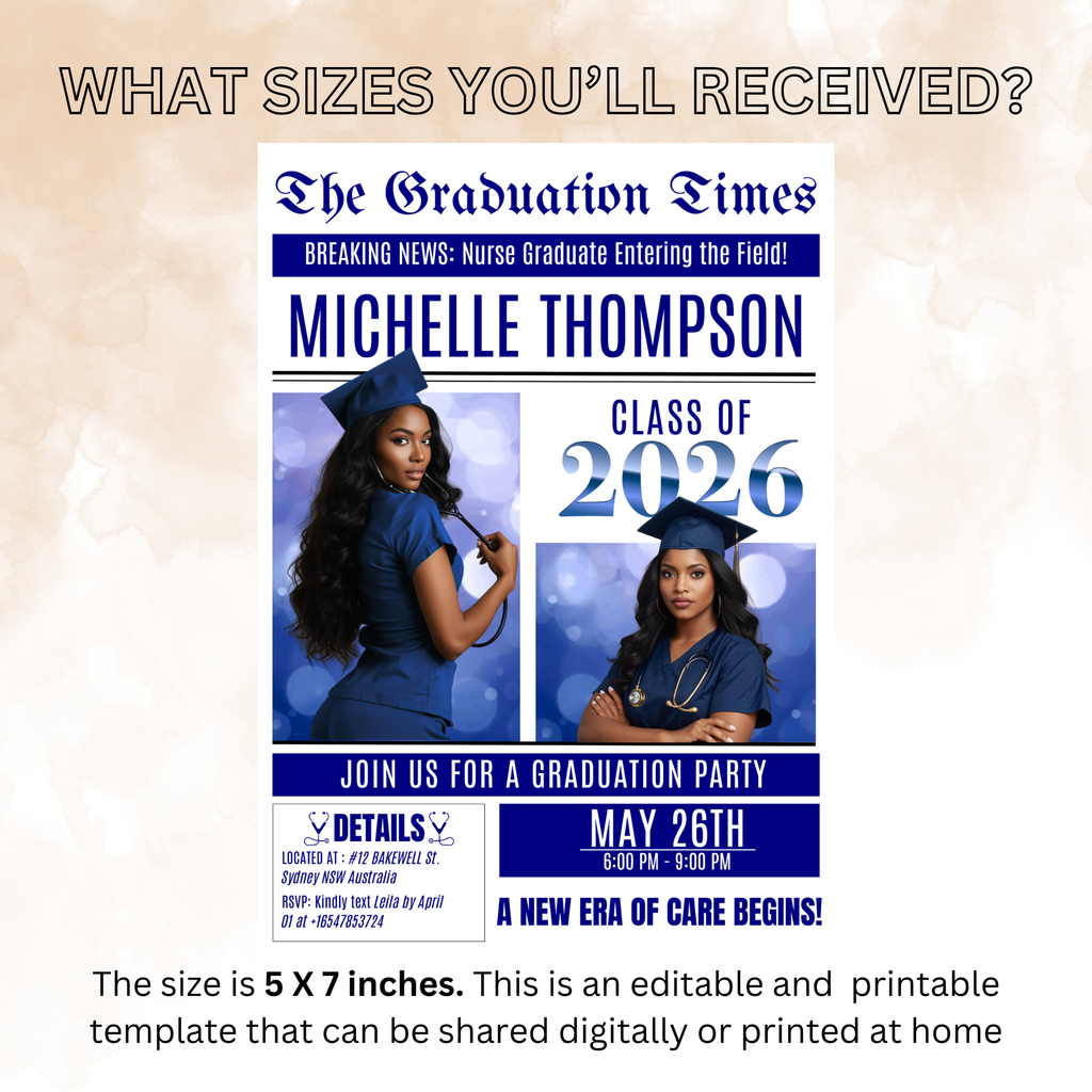 Blue Newspaper Nurse Graduation Invitation, 2026 RN Pinning Ceremony with photo invite, Woman LPN Nursing Graduates, Boy BSN Flyer Template