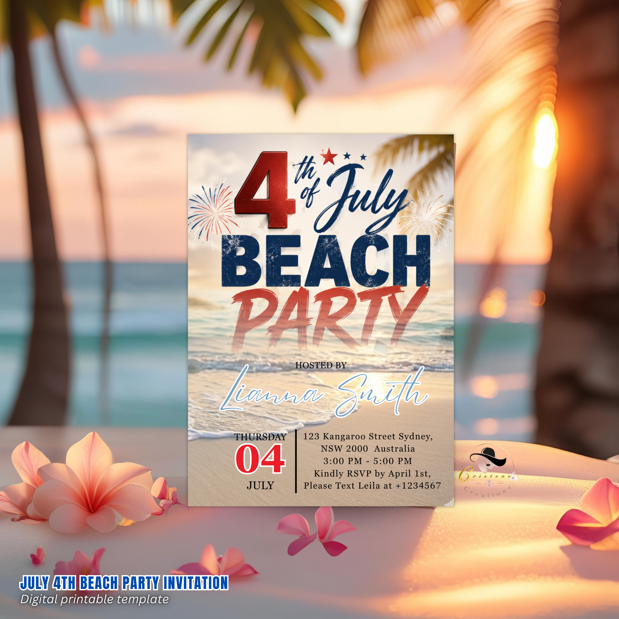 4th of July Beach Party Invitation, Patriotic Summer Birthday Invite, Tropical Fireworks Independence Day Editable Canva Digital Template