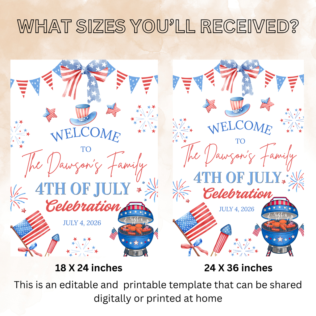 Fourth of July BBQ Welcome Party Sign, 4th of July Sign, USA Independence day, Patriotic Poster Sign, Red White Blue, Digital template