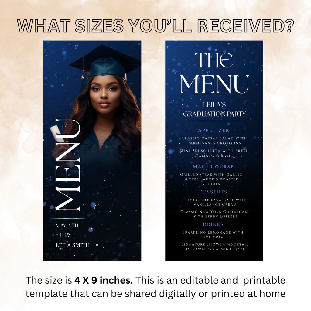 Editable Graduation Menu with Photo, Blue Grad Party Dinner Brunch Menu Card, Class of 2026 Menu For Him and Her, Printable Canva Template