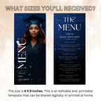 Editable Graduation Menu with Photo, Blue Grad Party Dinner Brunch Menu Card, Class of 2026 Menu For Him and Her, Printable Canva Template