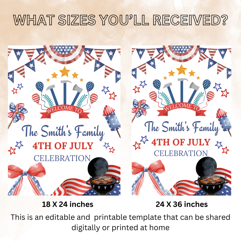 4th of July Welcome Party Sign, Fourth of July Sign, USA Independence day, Patriotic Poster Sign, Red White Blue, Digital Printable template
