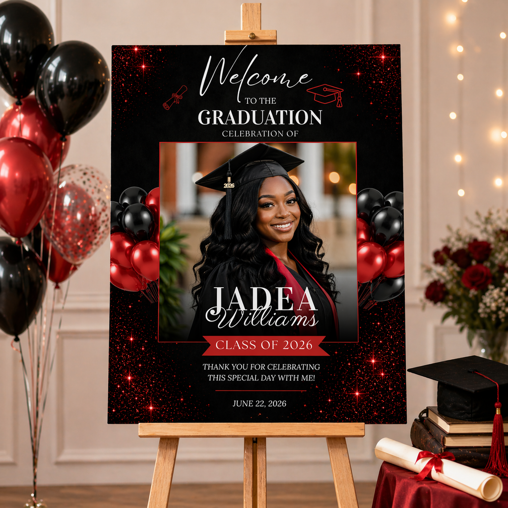 Red Graduation Welcome Sign with Photo, Class of 2026 Party Sign, High School College Grad Dinner Brunch For Him and Her, Printable Template