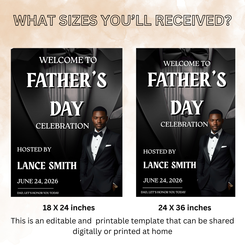 Fathers Day Welcome Sign with Photo, Tuxedo Gentleman Party Sign, Male Poster Sign, Birthday Retirement, Black Printable Editable Template