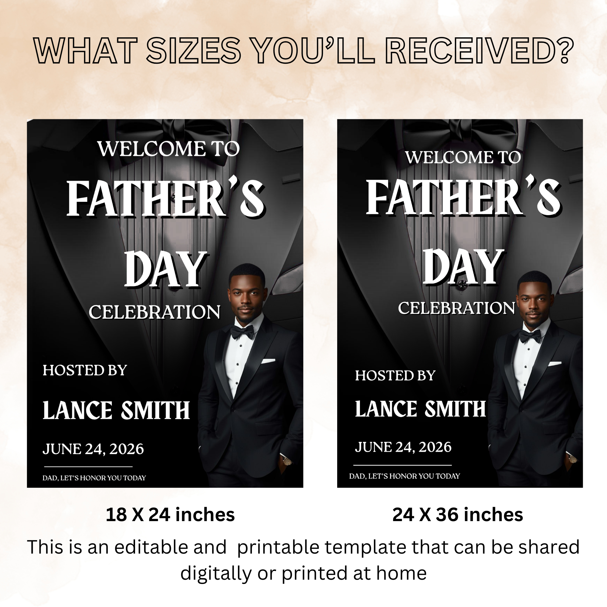 Fathers Day Welcome Sign with Photo, Tuxedo Gentleman Party Sign, Male Poster Sign, Birthday Retirement, Black Printable Editable Template