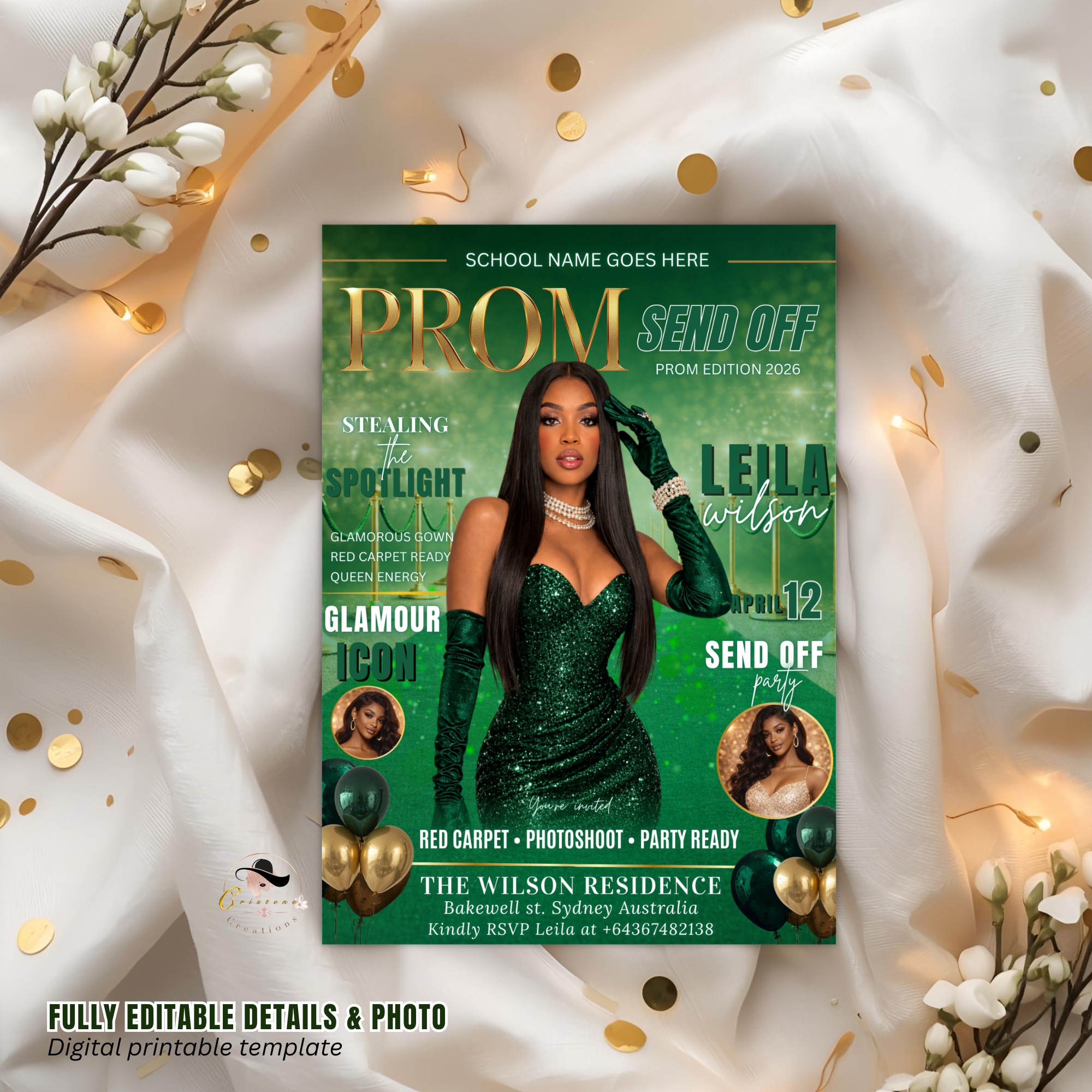 Green Gold Prom Send Off Party Invitation, Prom Queen with photo invite, Girls Prom Night Flyer, Magazine Cover Digital Printable Template
