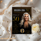 Black Gold 50th Birthday Invitation, 50 and Fabulous Party Invite, Dinner or Brunch Invitation with photo, Man Woman Magazine Cover Template
