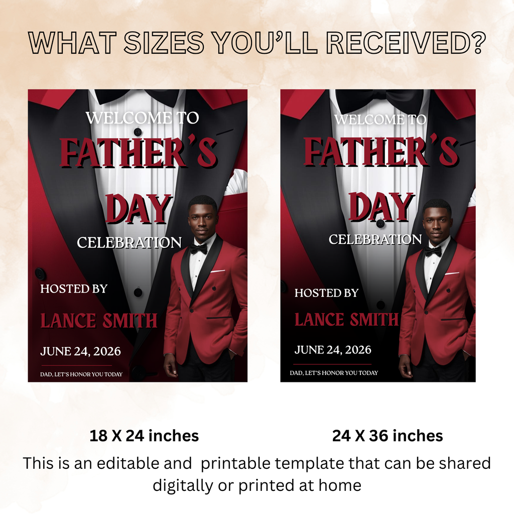 Red Fathers Day Welcome Sign with Photo, Gentleman Tuxedo Poster Sign, Male Birthday Sign, Retirement Party Sign, Printable Canva Template