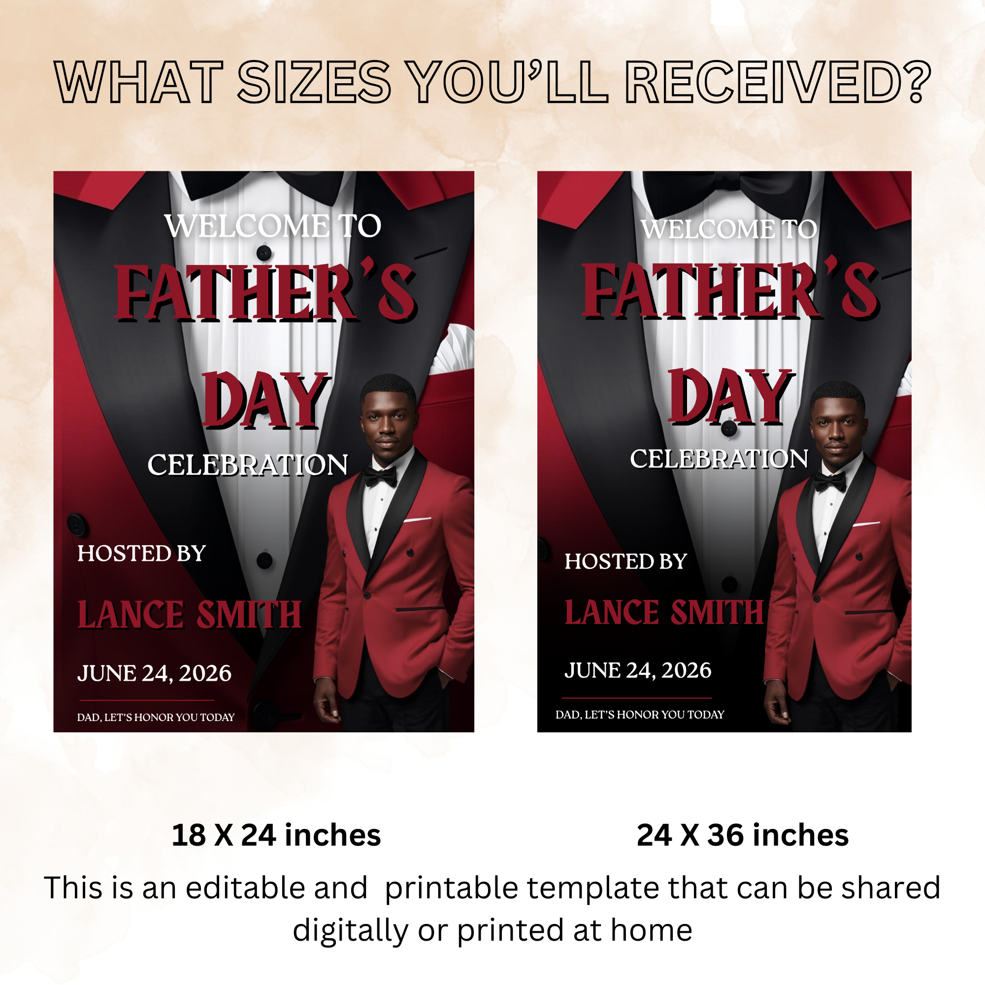 Red Fathers Day Welcome Sign with Photo, Gentleman Tuxedo Poster Sign, Male Birthday Sign, Retirement Party Sign, Printable Canva Template