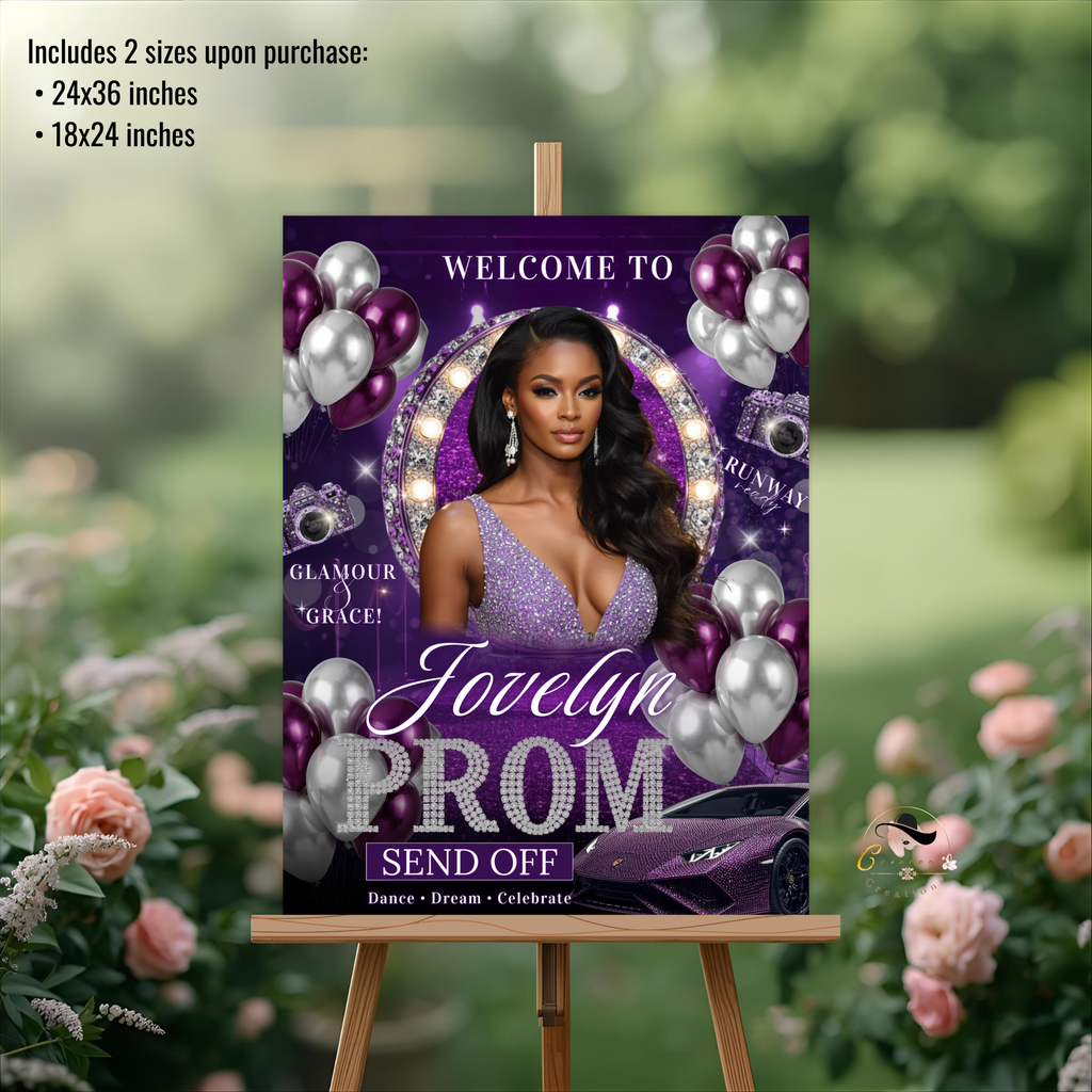 Purple Silver Prom Send Off Welcome Party Sign, Prom Queen Poster Sign with photo Entrance Board Sign Senior Junior Night Printable Template