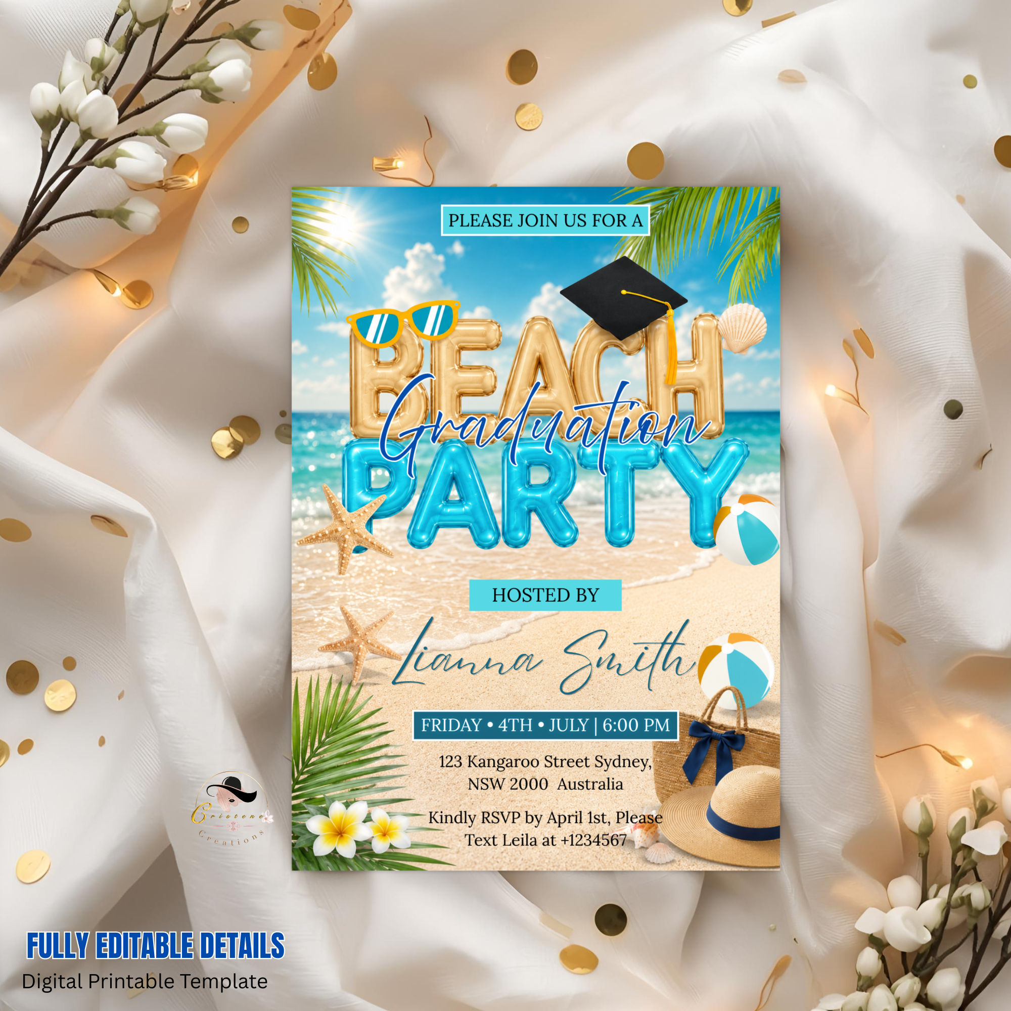 Graduation Beach Party Invitation, High School College Summer Tropical Grad Invite for Him and Her, Printable Editable Canva Template