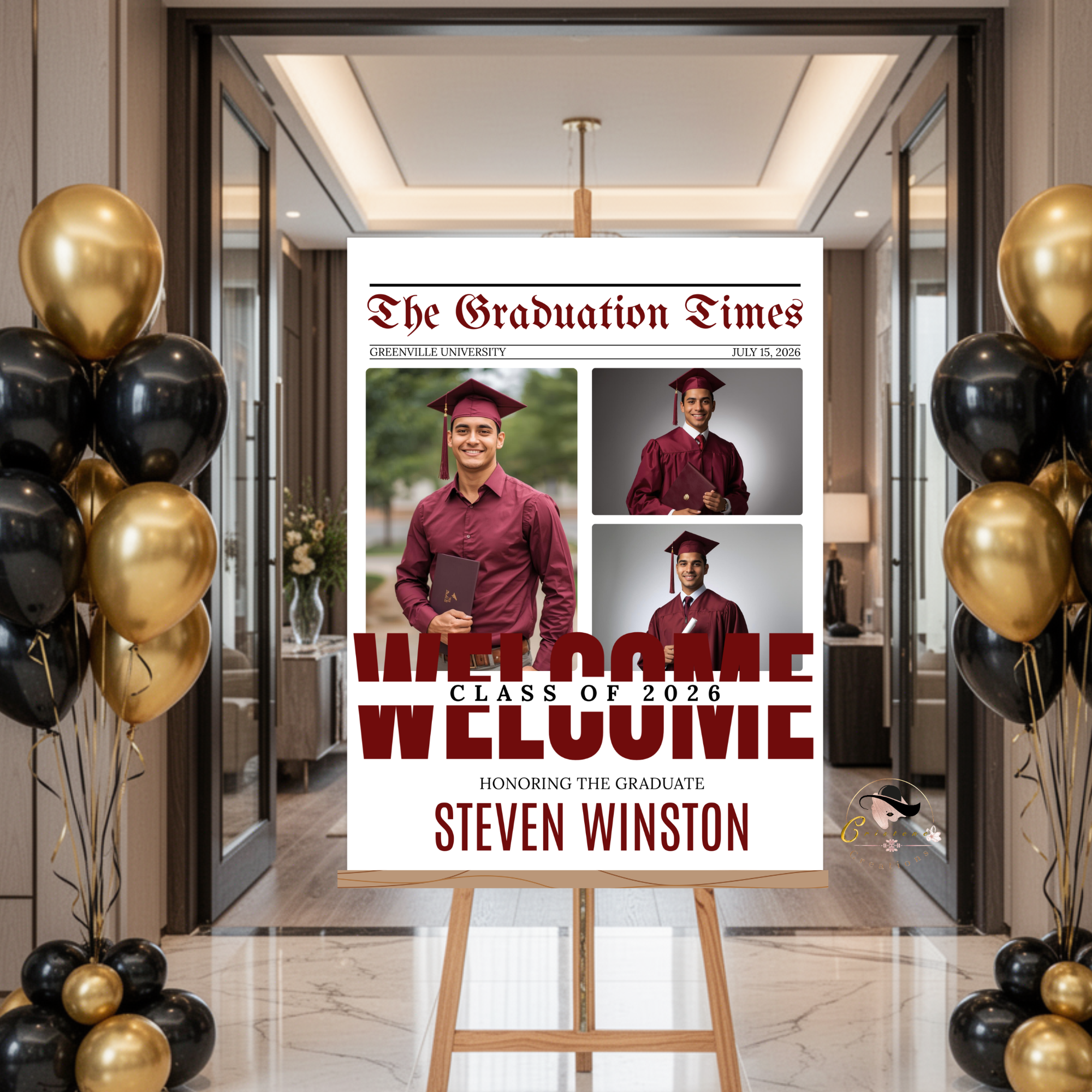 Maroon Newspaper Graduation Welcome Party Sign, Boy Senior Grad Announcement Sign with photo, High School Graduate Sign, Printable Template