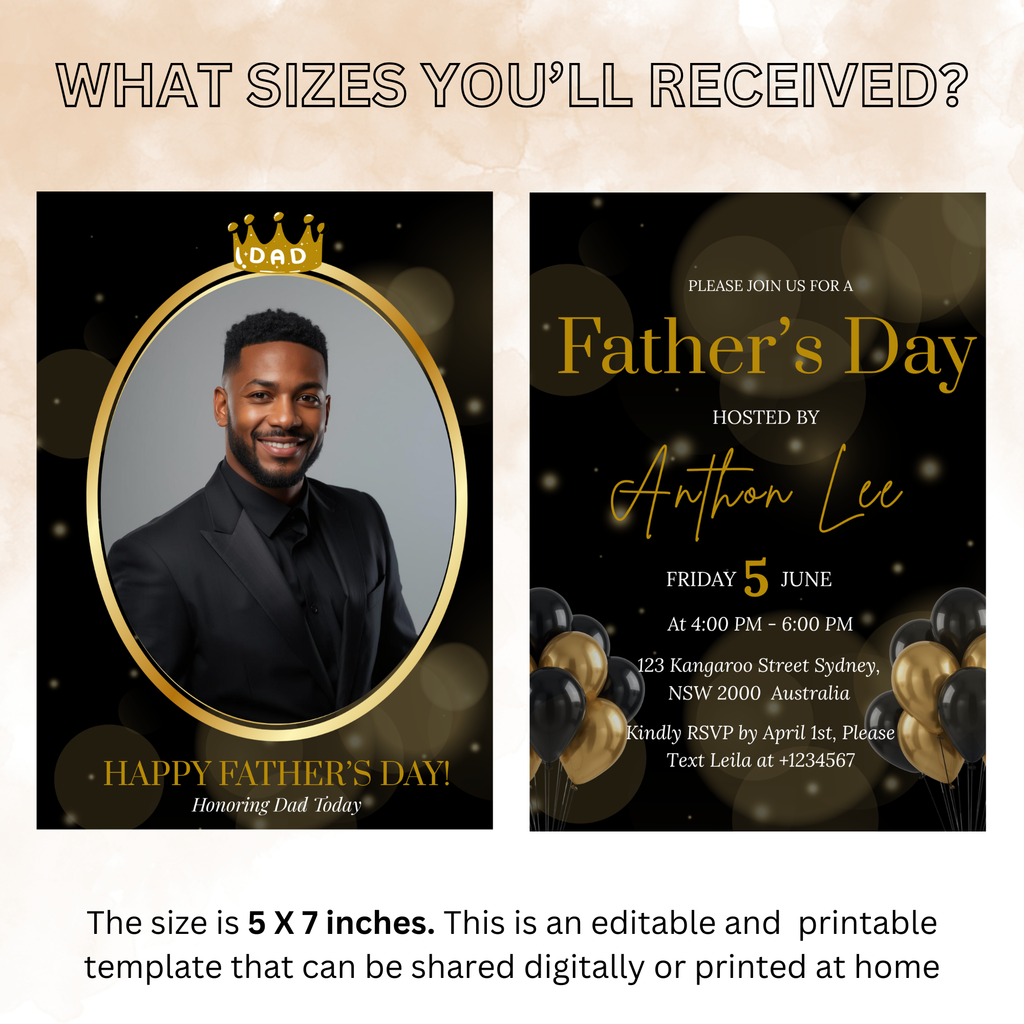 Editable Fathers Day Invitation with Photo, Black Gold Suit and Tie Dad Brunch or Dinner Invite, Canva Printable Digital Template