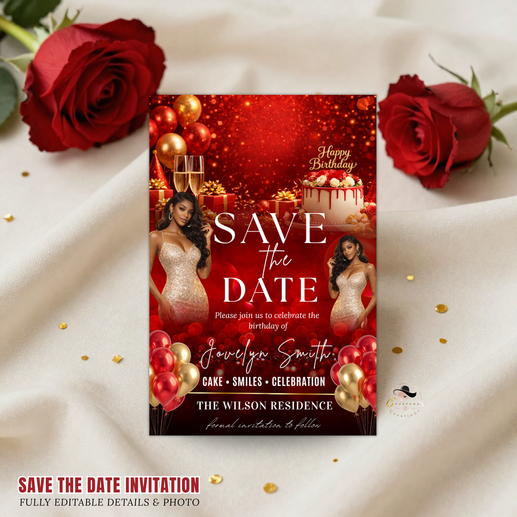 Save the Date Invitation, Save Date Birthday Party with photo Invite, Elegant Dinner Event Card, Red Gold Printable Digital Template