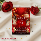 Save the Date Invitation, Save Date Birthday Party with photo Invite, Elegant Dinner Event Card, Red Gold Printable Digital Template