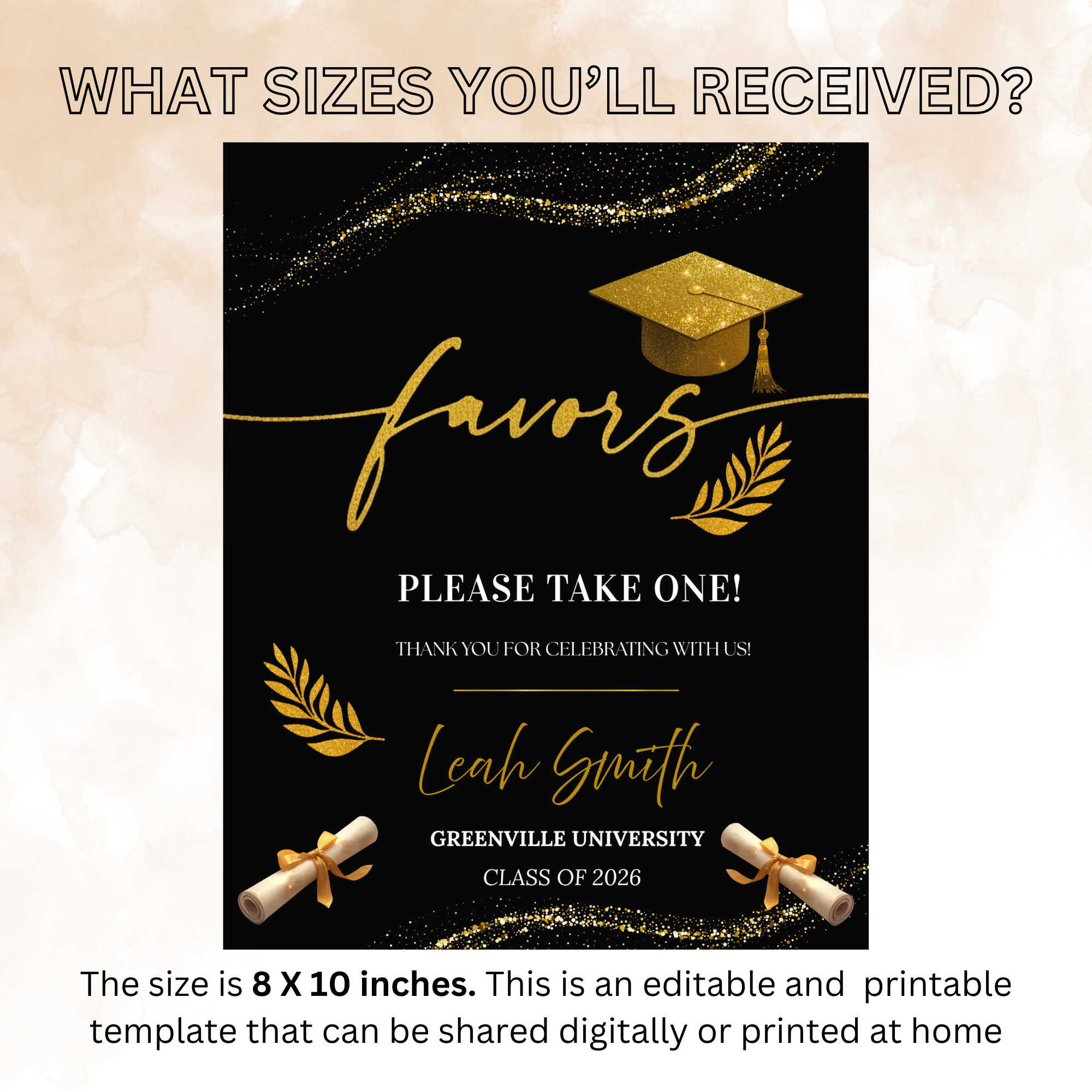 Graduation Favor Sign Template, Black Gold Grad Table Sign, Class of 2026 Party Favors Sign, High School Party Sign, Digital Printable Canva