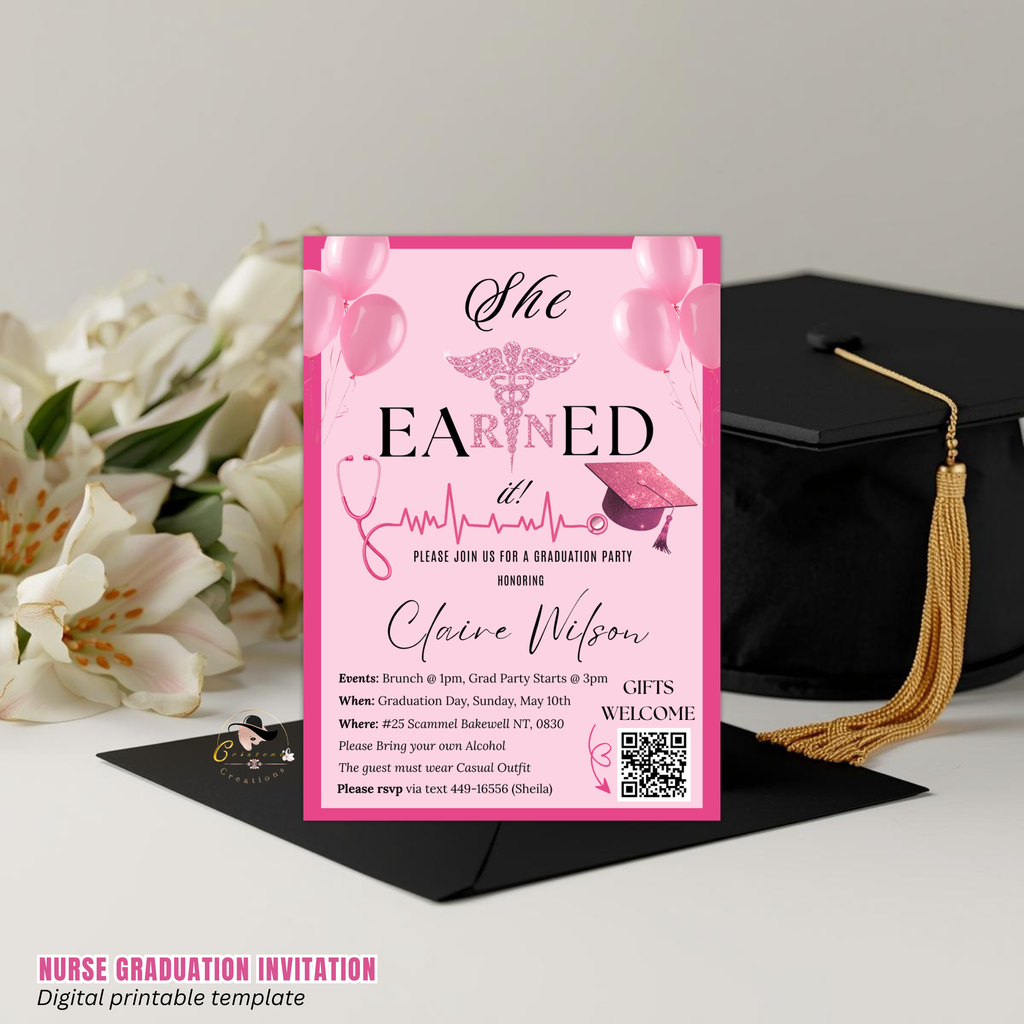 Pink Nurse Graduation Invitation, RN Pinning Ceremony Invite, BSN Invite, Girl Nursing Invite, Canva Digital Printable Template