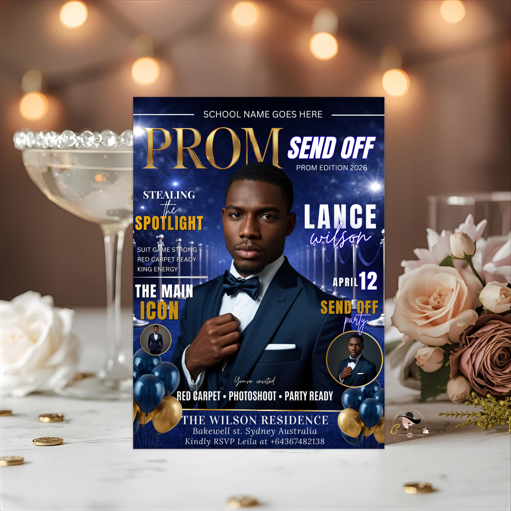 Boy Prom Send Off Party Invitation, Prom King with photo invite, Blue Prom Night Flyer Card, High School Prom Digital Printable Template