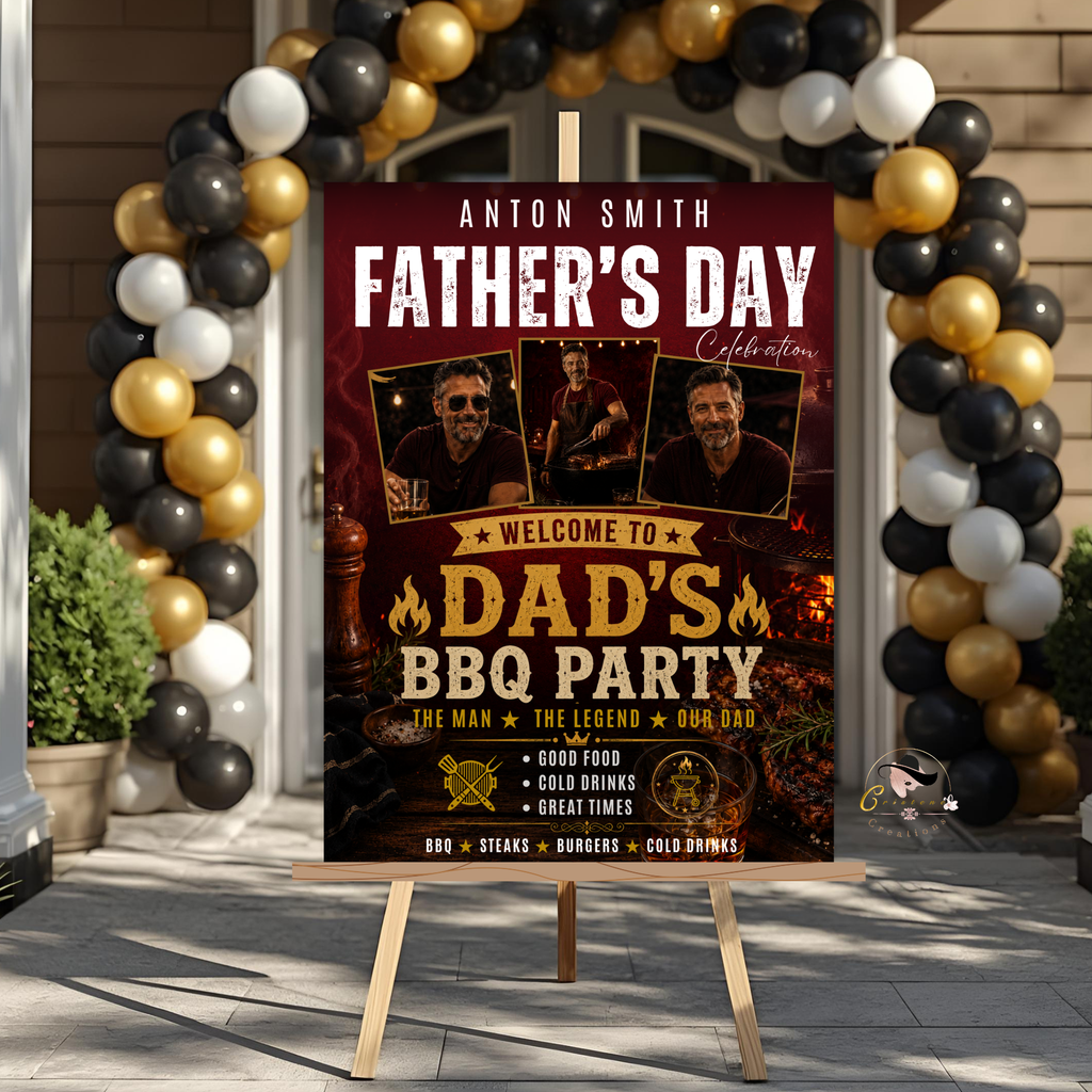 Red Fathers Day BBQ Welcome Sign with Photo, Dad Backyard Barbecue Party Poster Sign, Summer Cookout, Editable Printable Canva Template