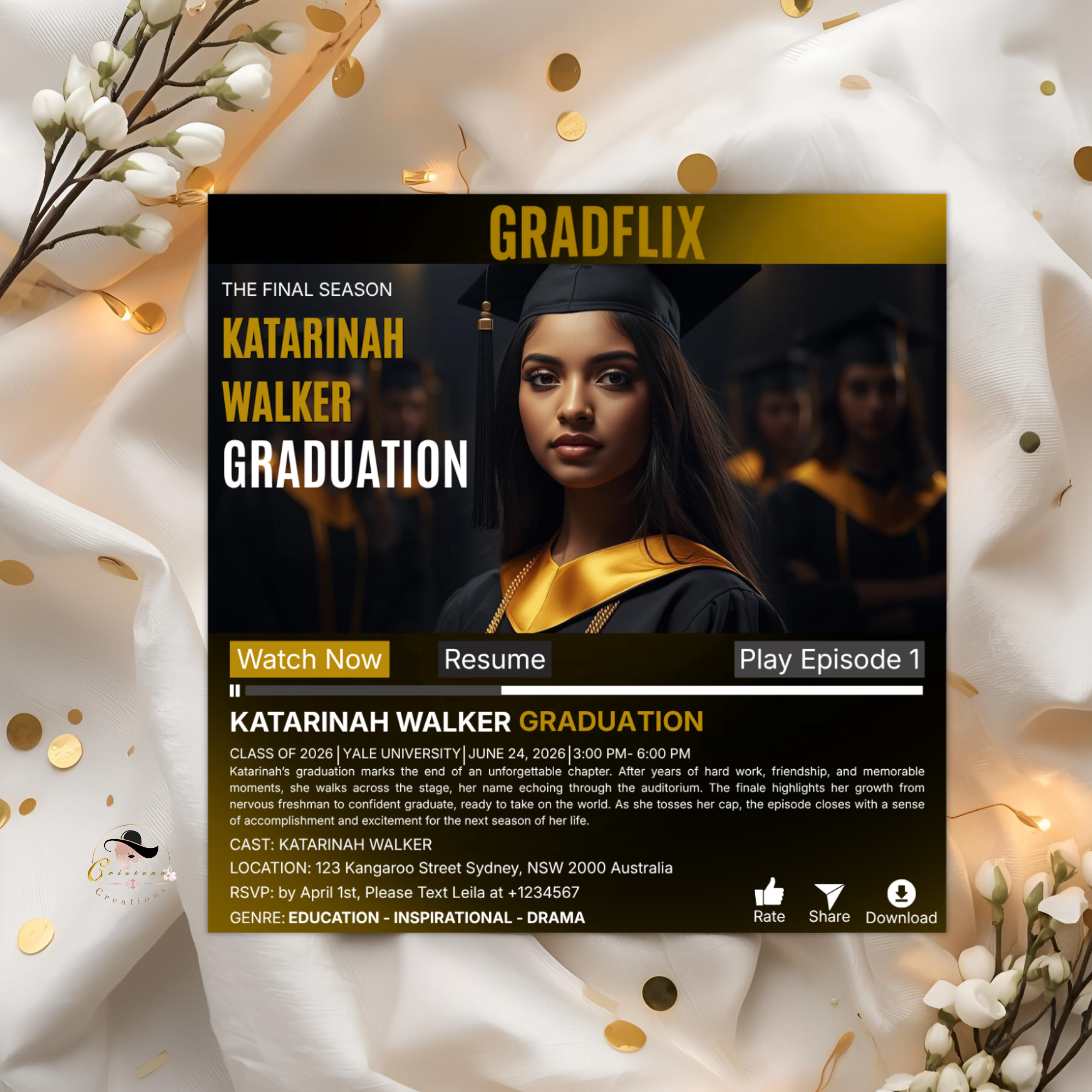 Movie Theme Graduation Invitation with Photo for Him and Her, Black Gold Streaming High School College Grad Party Invite, Printable Template
