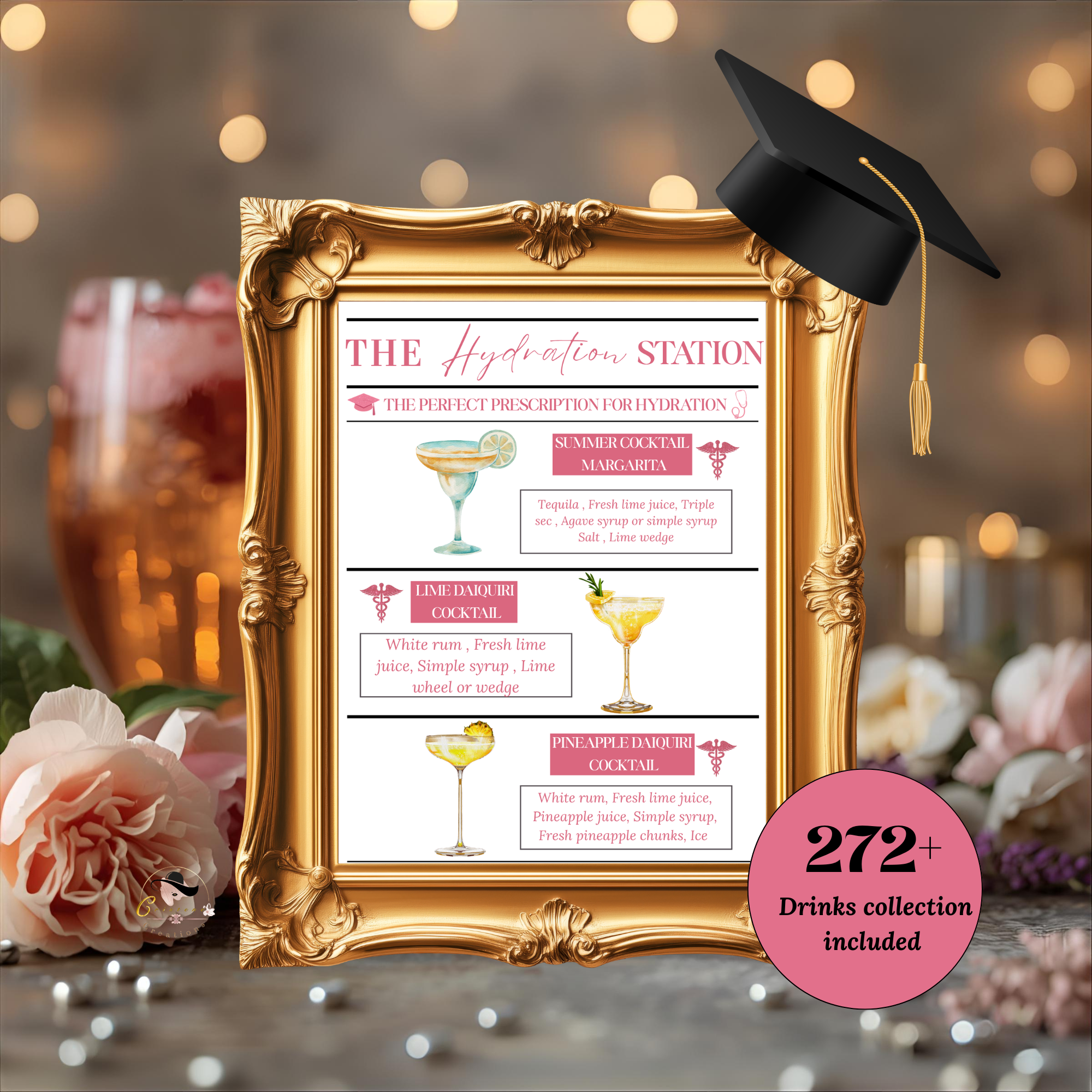 Pink Nurse Graduation Drink Sign, RN LPN CNA Bar Menu Card, Hydration Station Sign, Woman Cocktail Menu, Editable Canva Printable Template