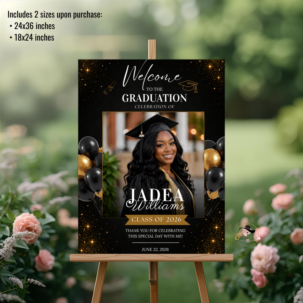 Graduation Welcome Party Sign with Photo, Elegant Class of 2026 Poster Sign, High School College Grad Dinner Brunch Canva Printable Template