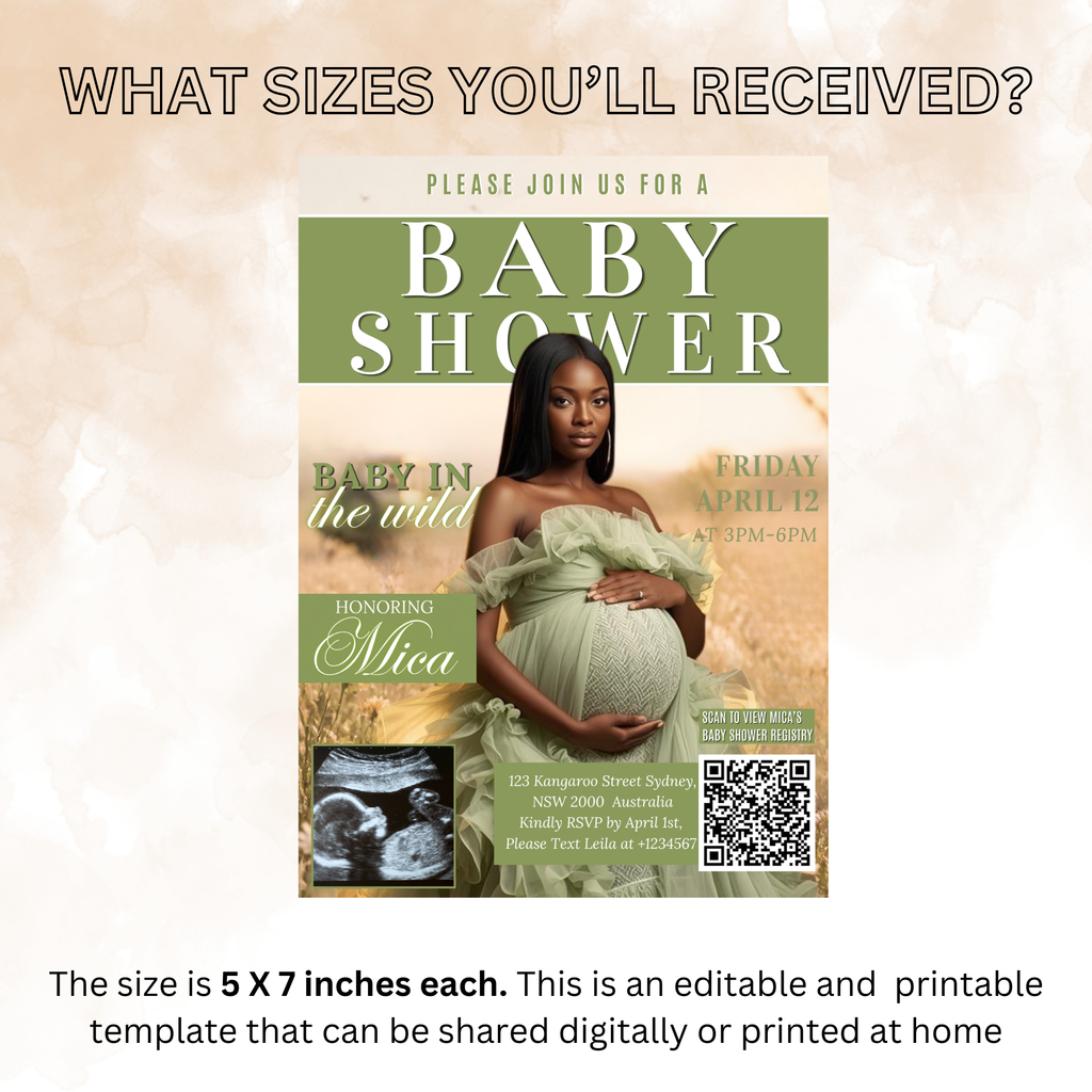 Safari Baby Shower Invitation with Photo, Jungle Zoo Baby Girl Boy Shower Invite, Green Brown Printable Editable Digital Canva Template