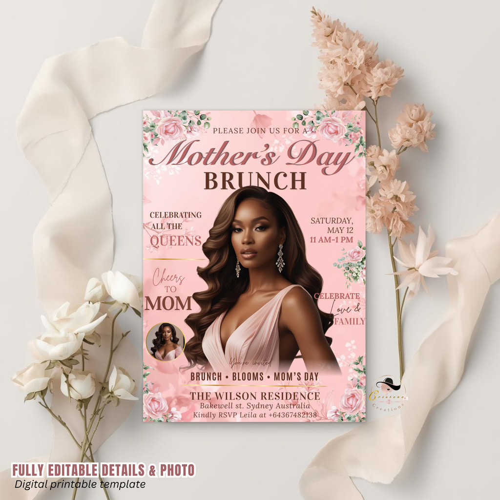 Pink Mother's Day Invitation, Floral Mom Brunch with photo invite, Mommy Party Card, Magazine Style Flyer, Digital Printable Template