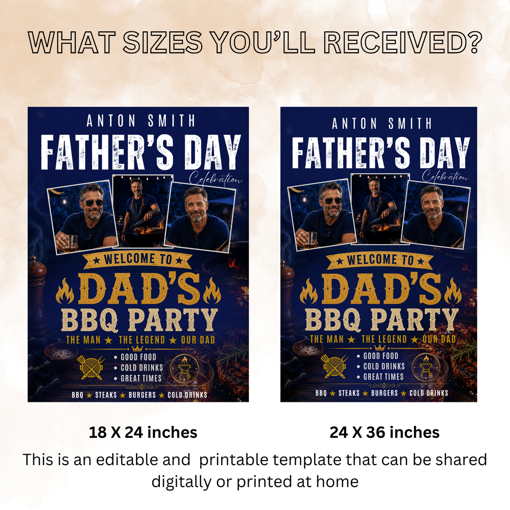 Dad BBQ Party Welcome Sign with Photo, Father’s Day Cookout Poster Sign, Summer Backyard Grill Party Sign, Blue Printable Canva Template