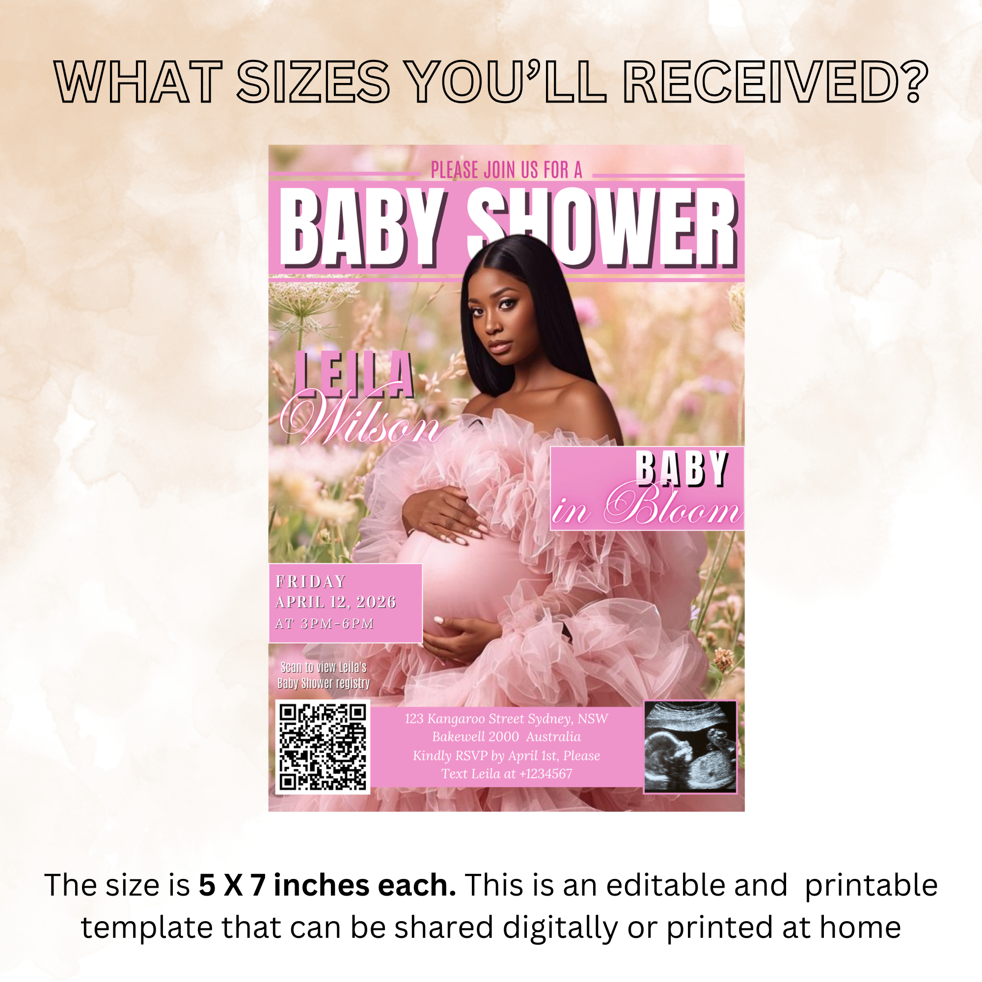 Wildflower Baby Shower Invitation with Photo, Pink Floral Baby Girl Shower Invite, Baby In Bloom, Printable Editable Digital Canva Template