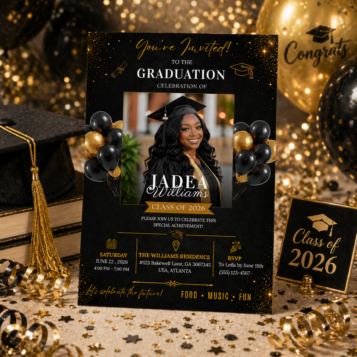Graduation Invitation with Photo for Him and Her, Class of 2026 High School College Grad Party Invite Black Gold Editable Printable Template