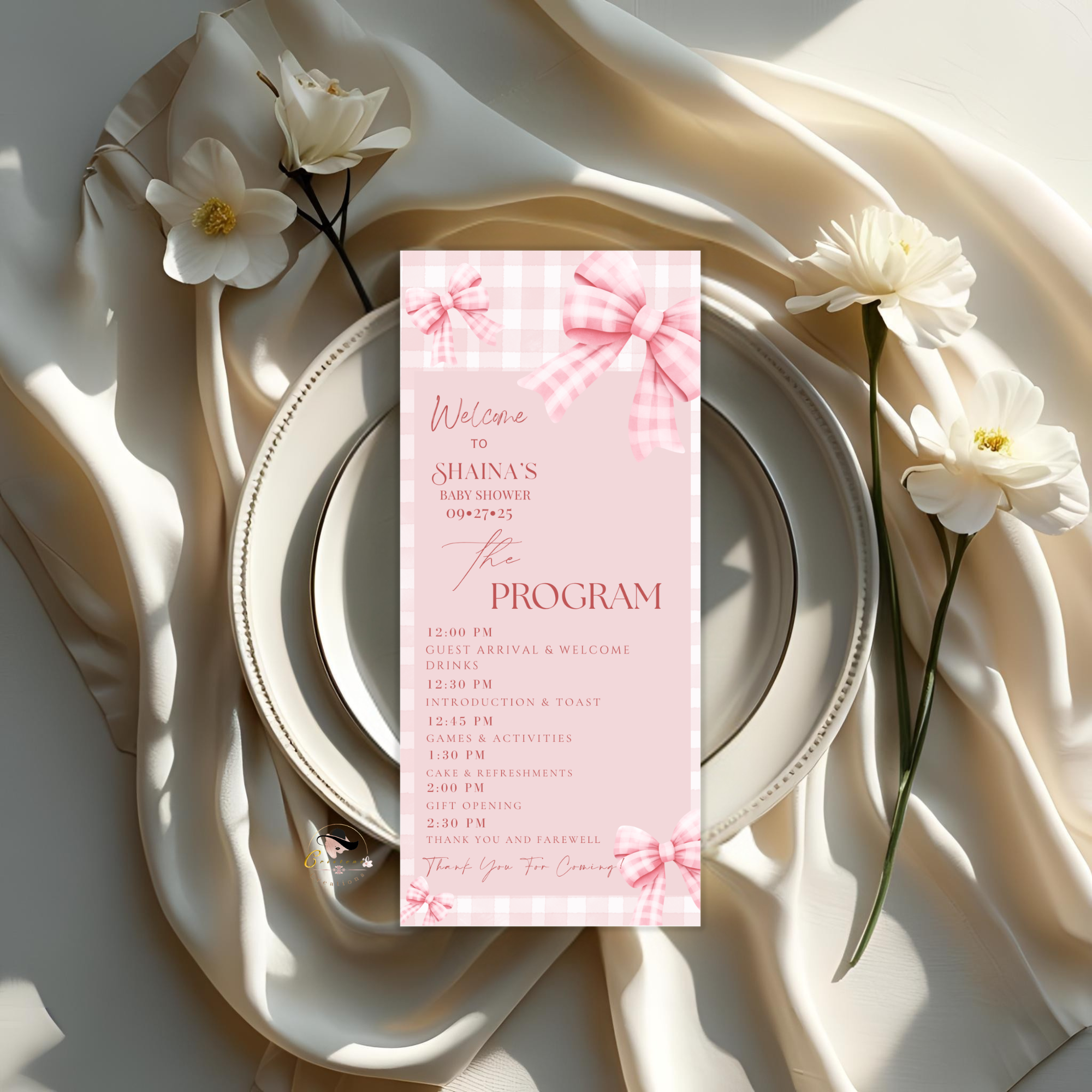 Baby Shower Menu and Program Template, Pink Bow Coquette Baby Girl Shower Itinerary Card, Baby Party Menu, Editable Canva Printable