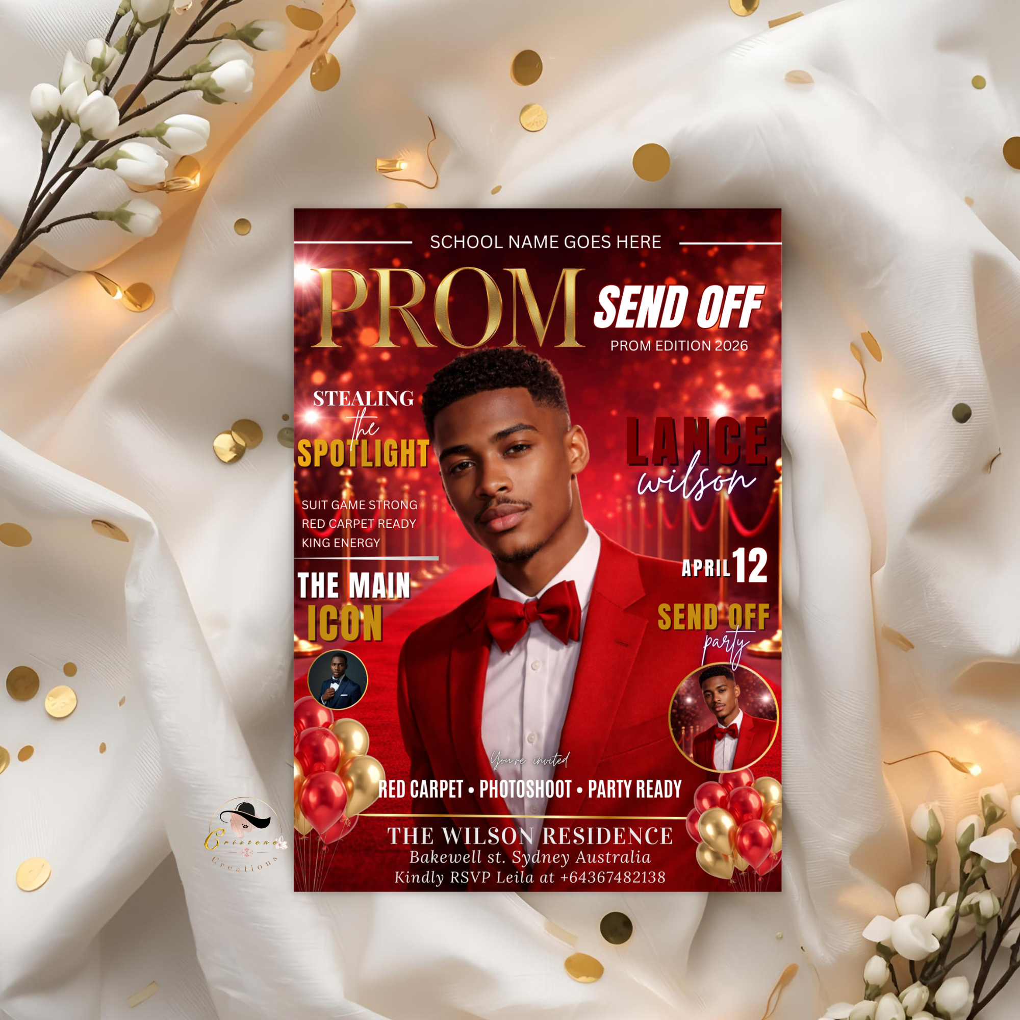 Red Gold Prom Send Off Party Invitation, Prom King with photo invite, Boys Prom Night Flyer Card High School Prom Digital Printable Template