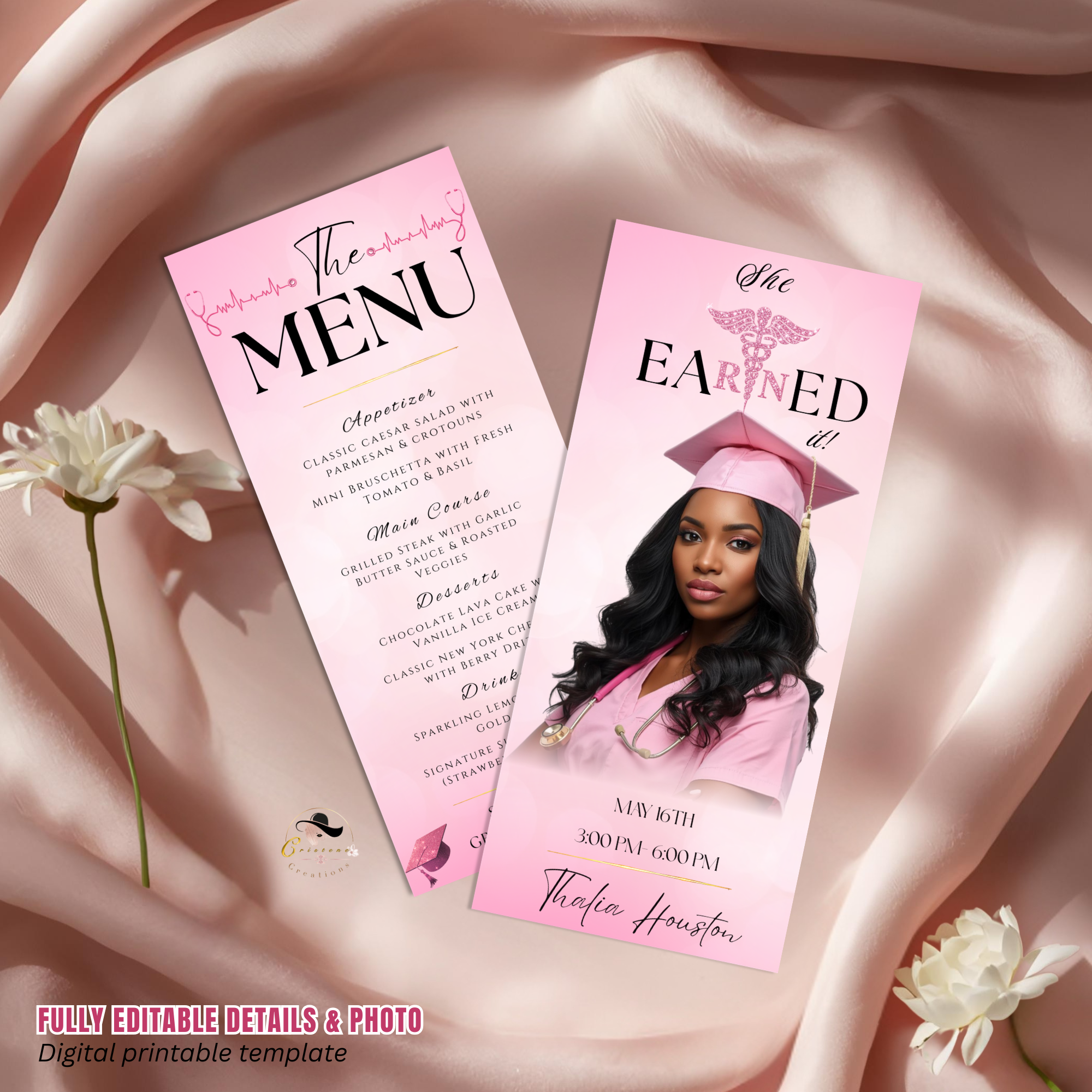 Nurse Graduation Menu Template with Photo, Pink RN BSN LPN Menu Card, Pinning Ceremony Party Menu, Dinner Menu, Editable Canva Printable