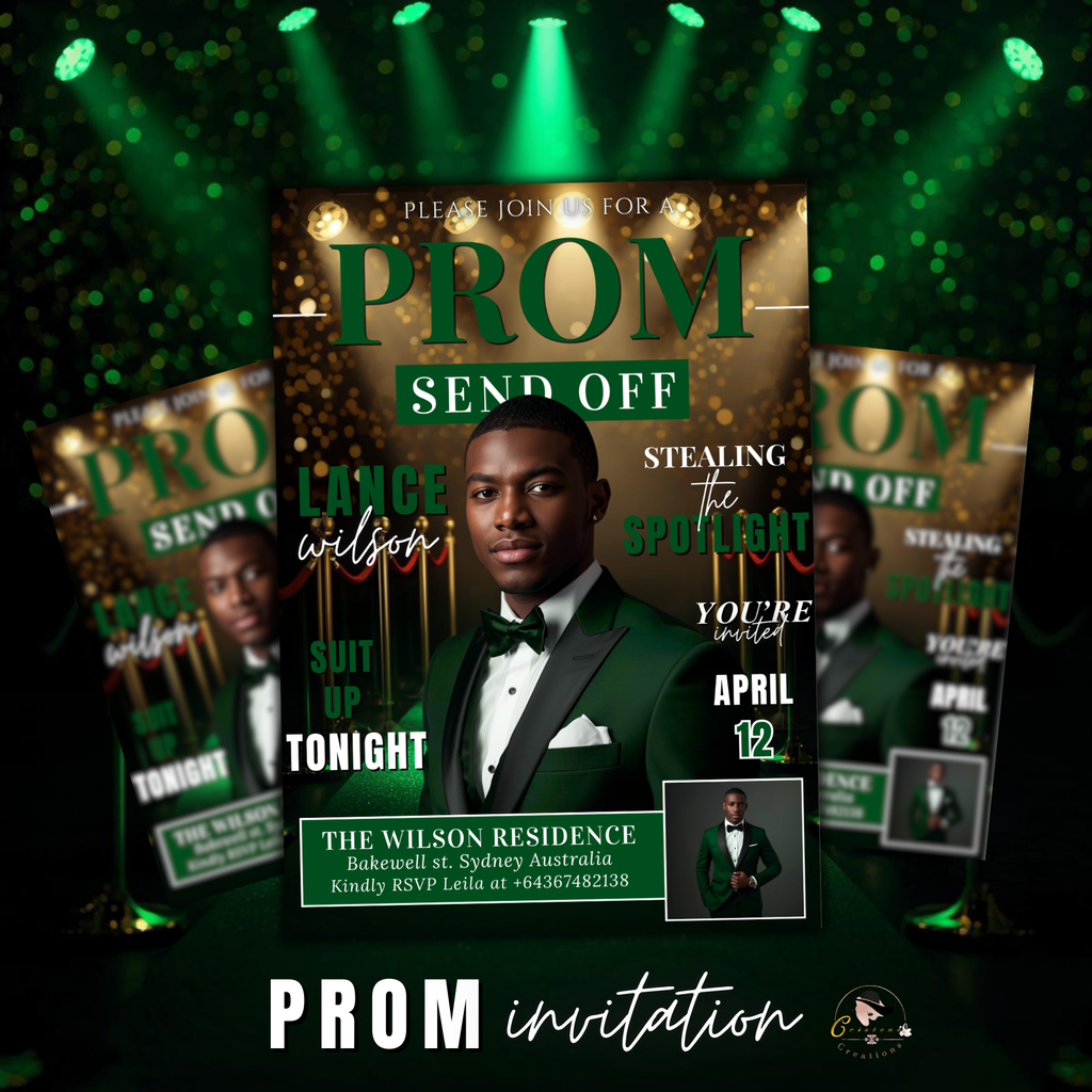 Green Prom Send Off Invitation, Prom King Party with photo invite, Boys Senior Prom Night Flyer, Magazine Style Digital Printable Template