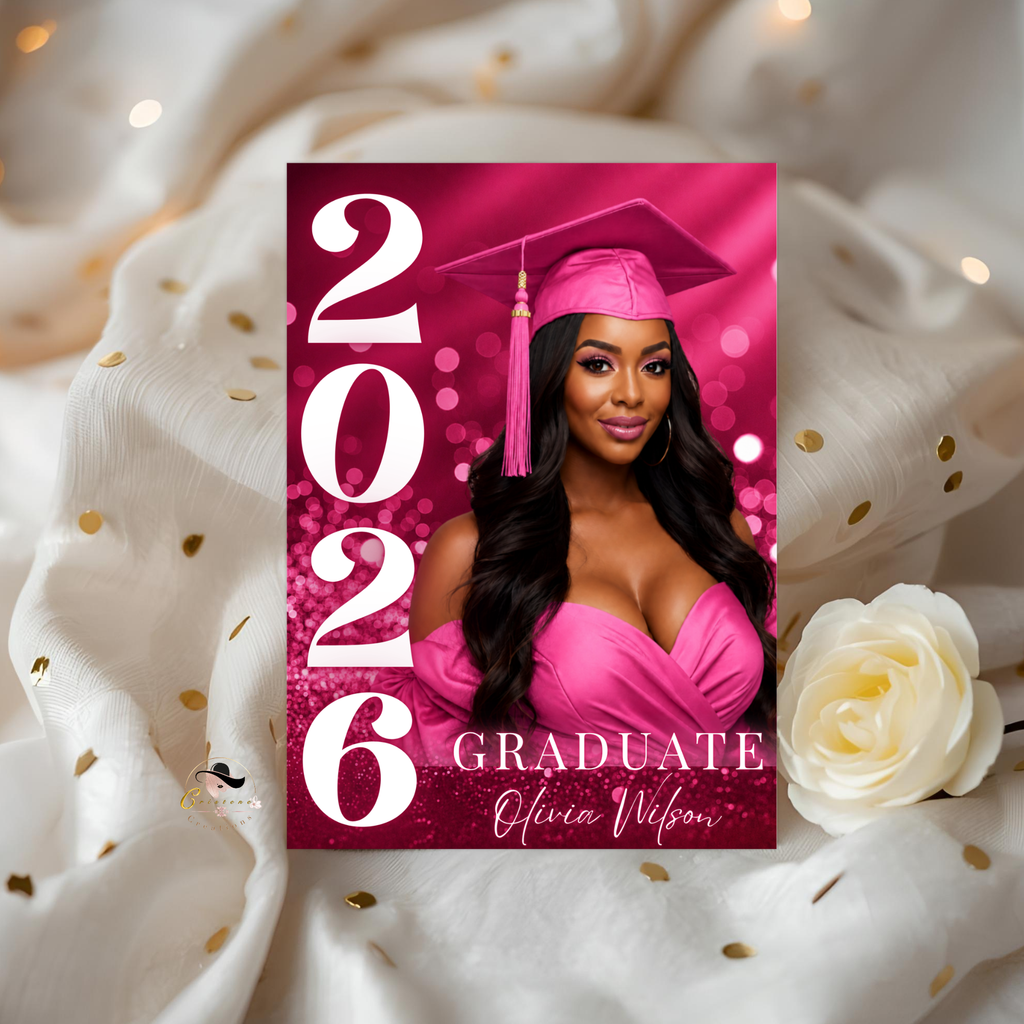 Pink Graduation Invitation with Photo for Her, Class of 2026 Grad Announcement Invite, College High School Printable Editable Canva Template