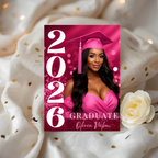 Pink Graduation Invitation with Photo for Her, Class of 2026 Grad Announcement Invite, College High School Printable Editable Canva Template