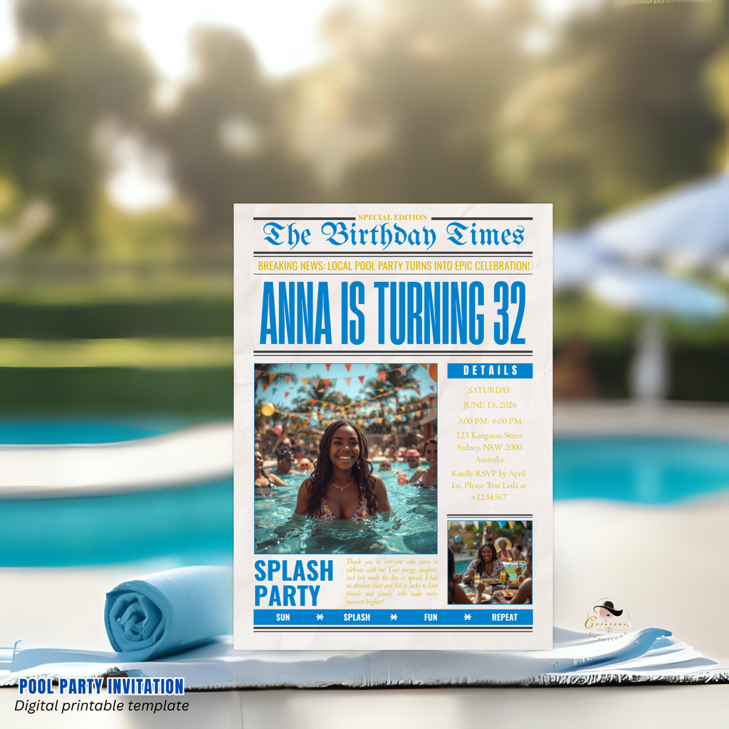 Newspaper Birthday Pool Party Invitation with Photo, Tropical Aloha Hawaiian Luau Adult Summer Party Invite, Printable Digital Template