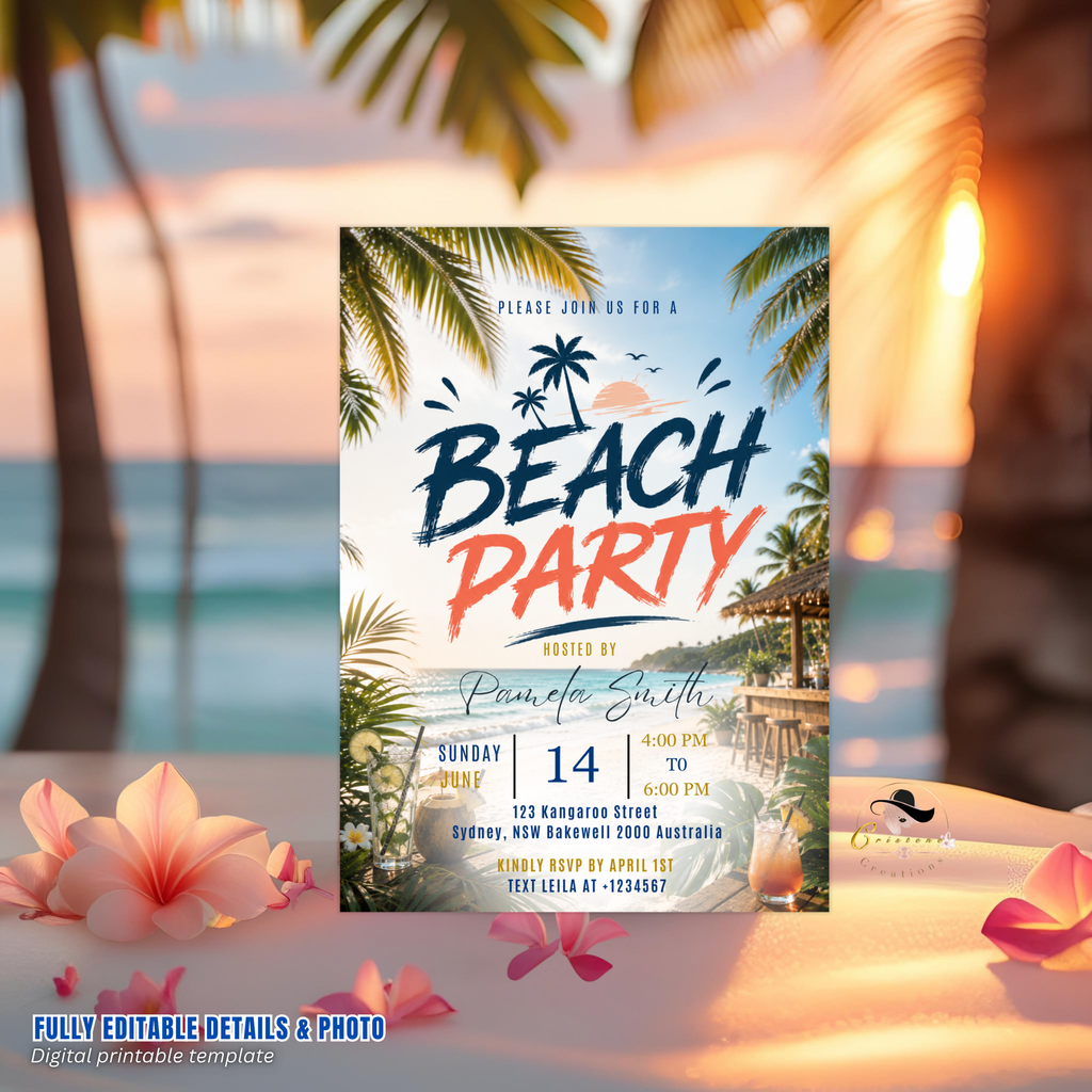 Beach Party Invitation, Tropical Summer Birthday Invite, Adult Beach Bash, Island Theme Celebration, Editable Canva Printable Template