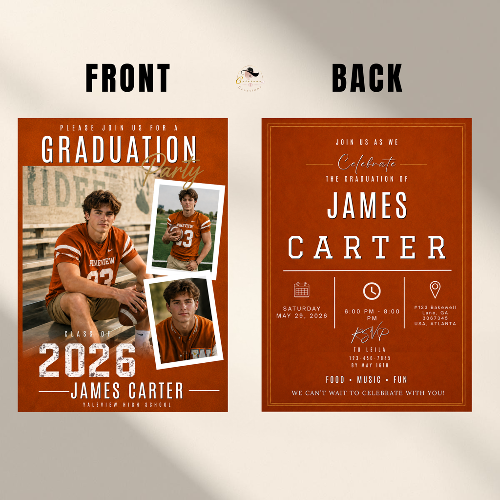 Orange Graduation Announcement Invitation with Photo for Him, Class of 2026 Senior Grad Party Invite, Boy Grad Dinner, Printable Template