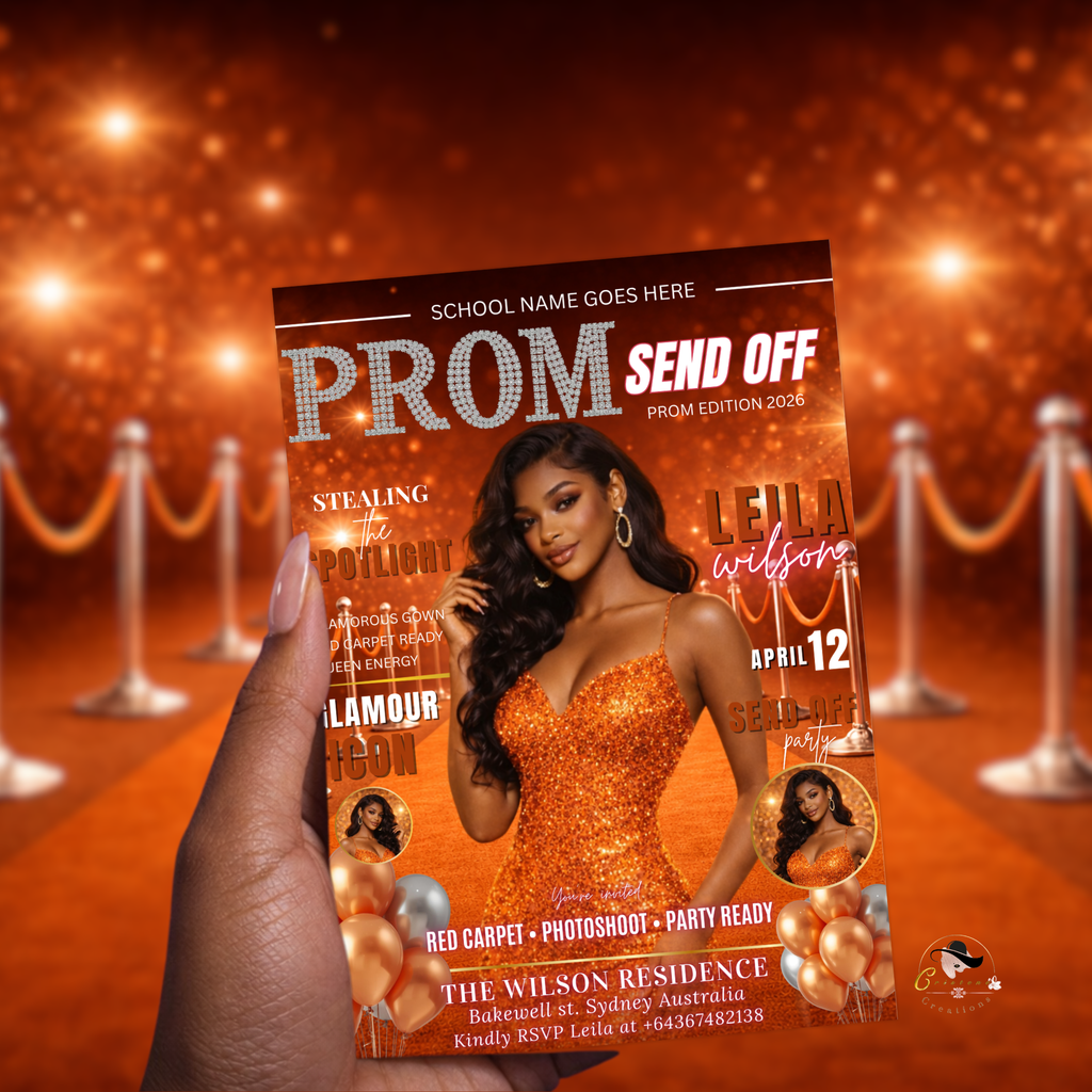 Orange Prom Send Off Party Invitation, Prom Queen with photo invite, Girls Prom Night Flyer Card, Magazine Cover, Digital Printable Template