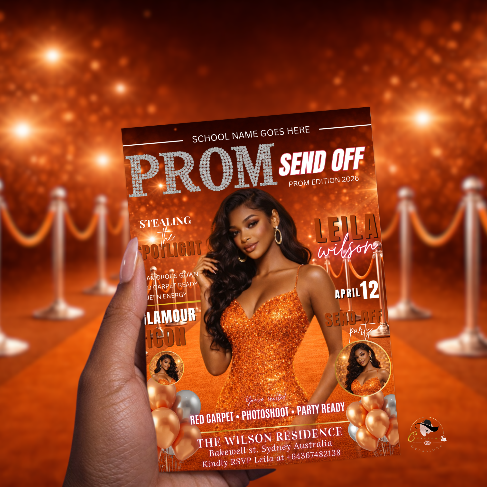 Orange Prom Send Off Party Invitation, Prom Queen with photo invite, Girls Prom Night Flyer Card, Magazine Cover, Digital Printable Template