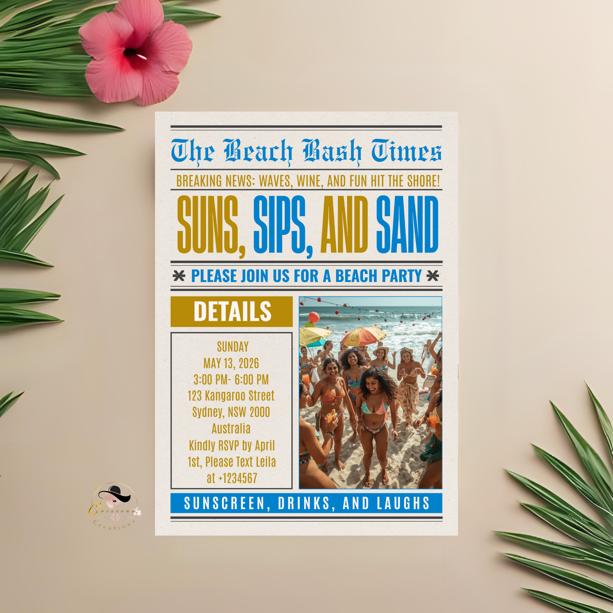 Beach Birthday Party Invitation with Photo, Tropical Summer Celebration Invite, Aloha Luau Invite, Printable Editable Canva Template