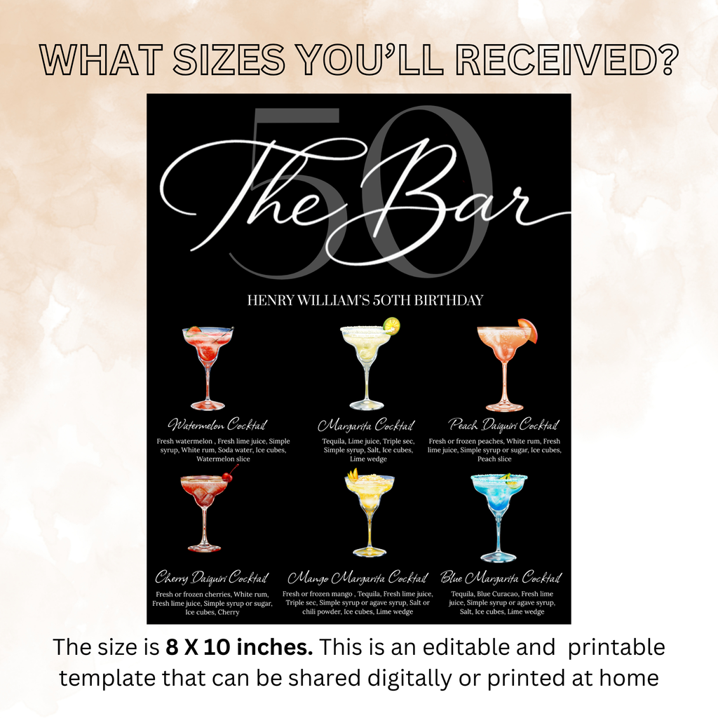 50th Birthday Signature Drink Sign, Editable Bar Menu Template, Fifty and Fabulous Party Drinks For Him and Her, Canva Digital Printable