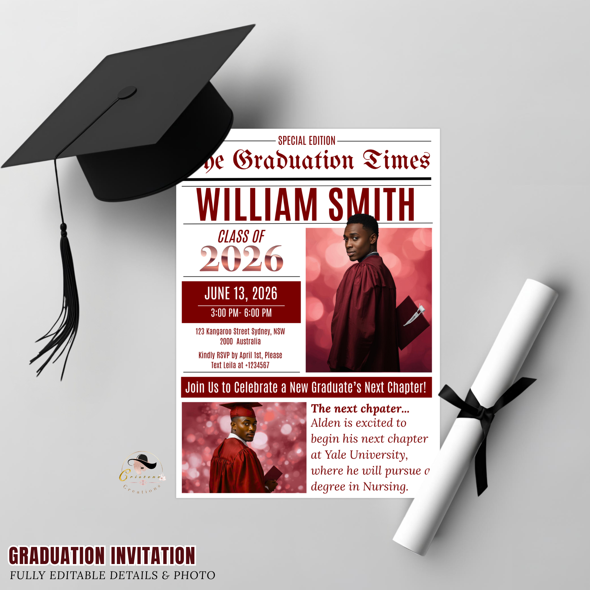 Newspaper Graduation Invitation with Photo, Senior High School Grad Invite for Boy and Girl, Class of 2026, Red Maroon Canva Template