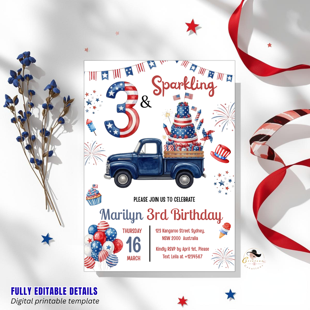 4th of July Birthday Invitation for Kids, Patriotic Pool Party Invite, Fourth of July Invite, Red White Blue Printable Digital Template