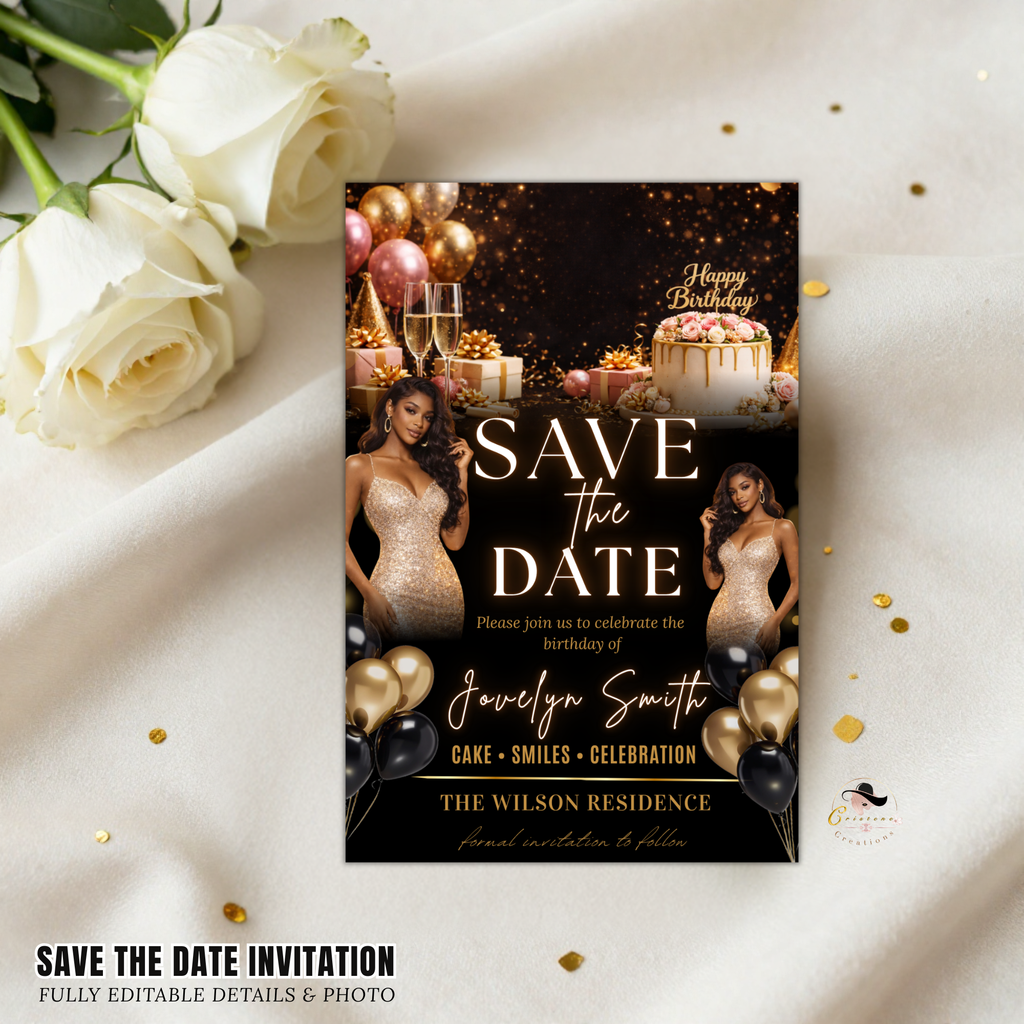 Black Gold Save the Date Invitation, Birthday Party Save Date with Photo, Elegant Dinner Event Invite, Printable Canva Digital Template