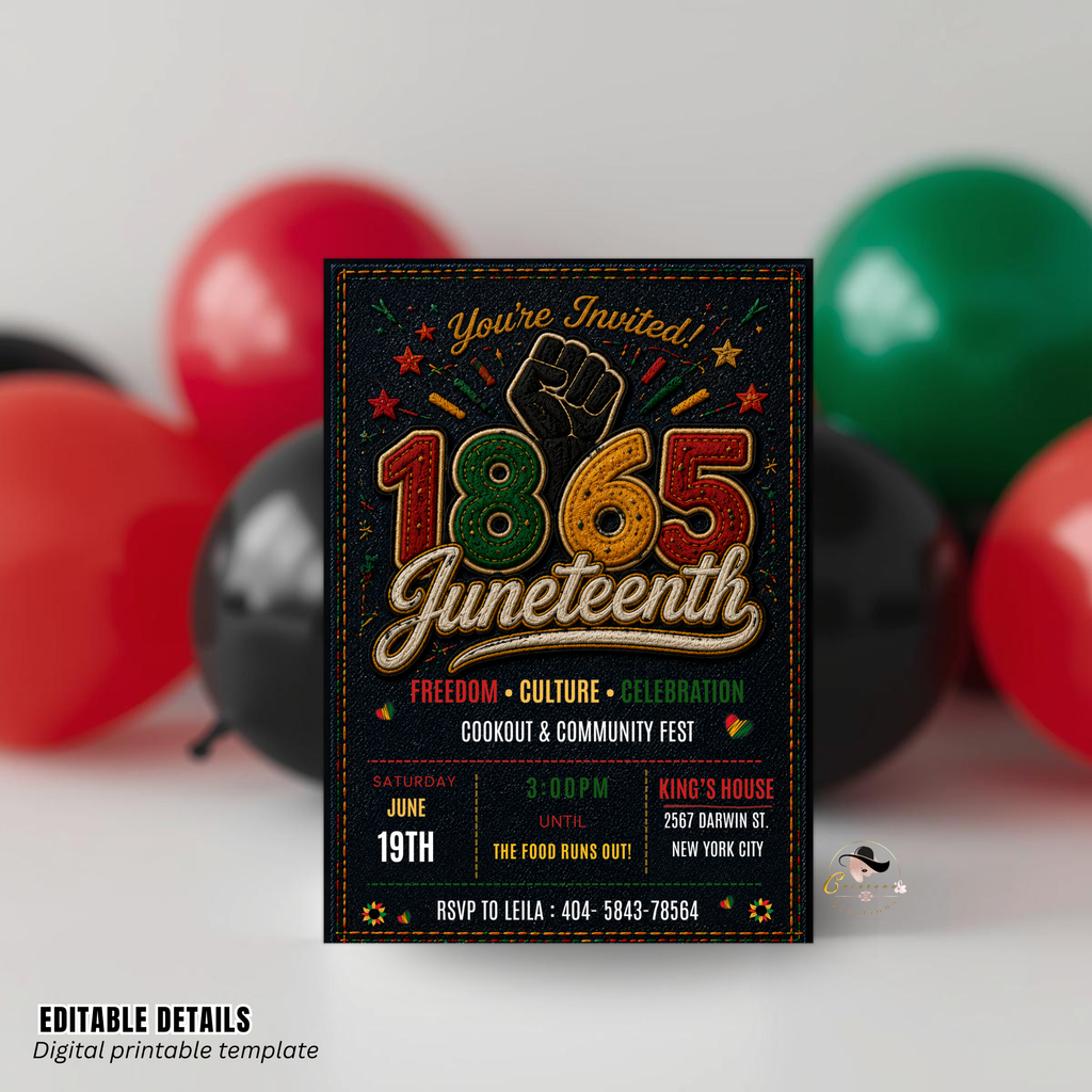 Juneteenth BBQ Party Invitation, June 19th Emancipation Day Black Freedom Celebration, 1865 Invite, Cookout Invite, Printable Canva Template