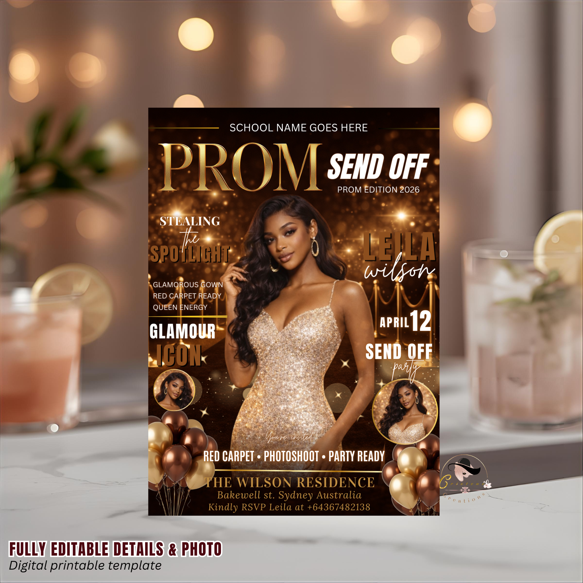 Brown Gold Prom Send Off Party Invitation, Prom Queen with photo invite, Girls Prom Night Flyer, Magazine Cover, Digital Printable Template