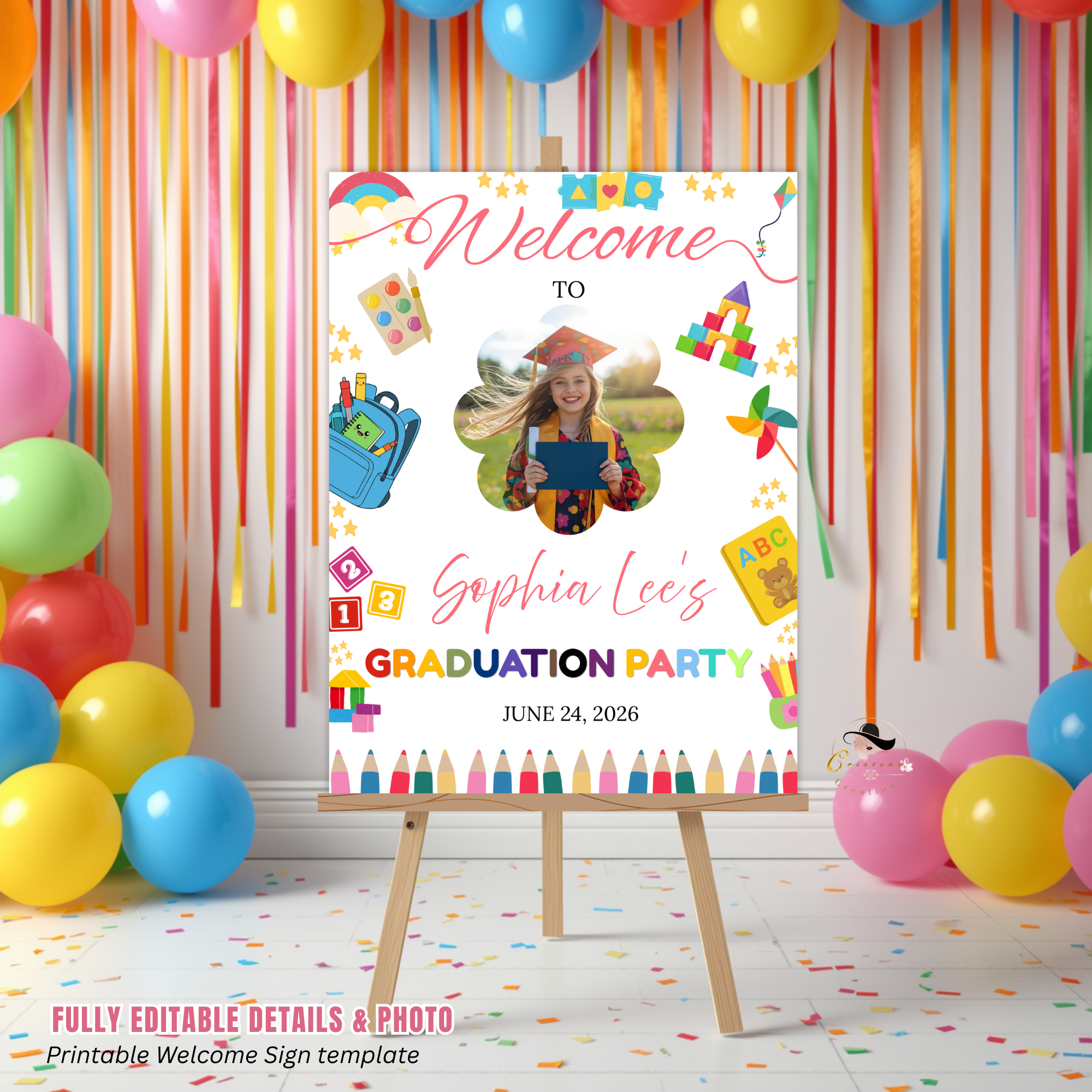 Preschool Graduation Welcome Sign with Photo, Pre-K Kindergarten Class of 2026 Party Poster, Kids Grad Editable Canva Printable Template